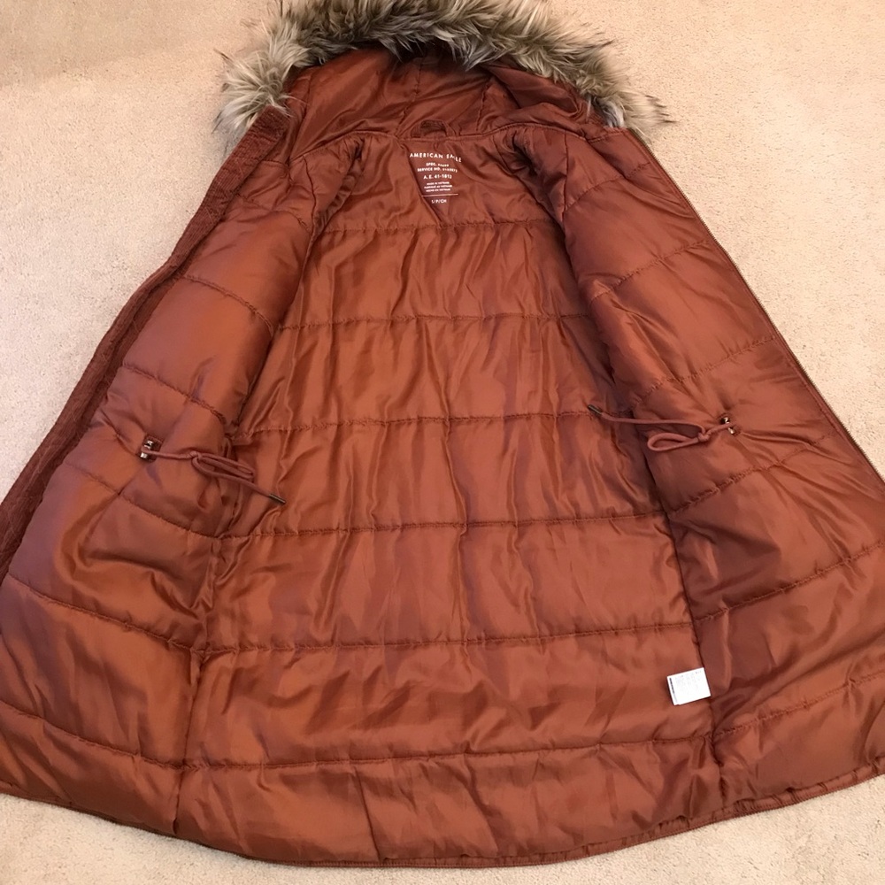 American Eagle AEO Brown Corduroy Winter Coat Womens Small Faux Fur Quilt Lined - Picture 6 of 14